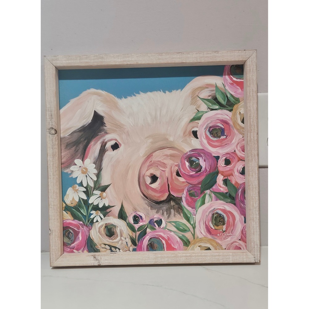 Michele Norman Pig with Flowers Framed Wall Art Farmhouse Decor